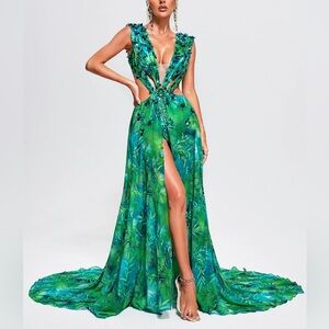 Tropical Green Backless Women's Dress